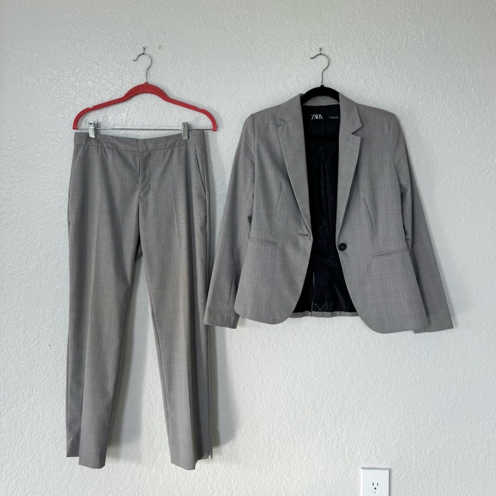 ZARA Grey Plaid Blazer Jacket + Pant Suit Two Piece Set